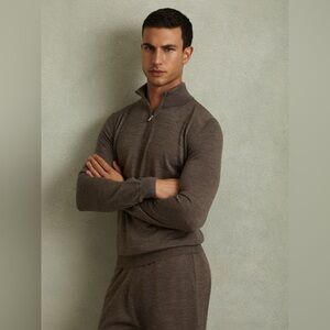 Reiss Maxwell Merino Wool Half-Zip Polo Shirt in Dark Brown Melange